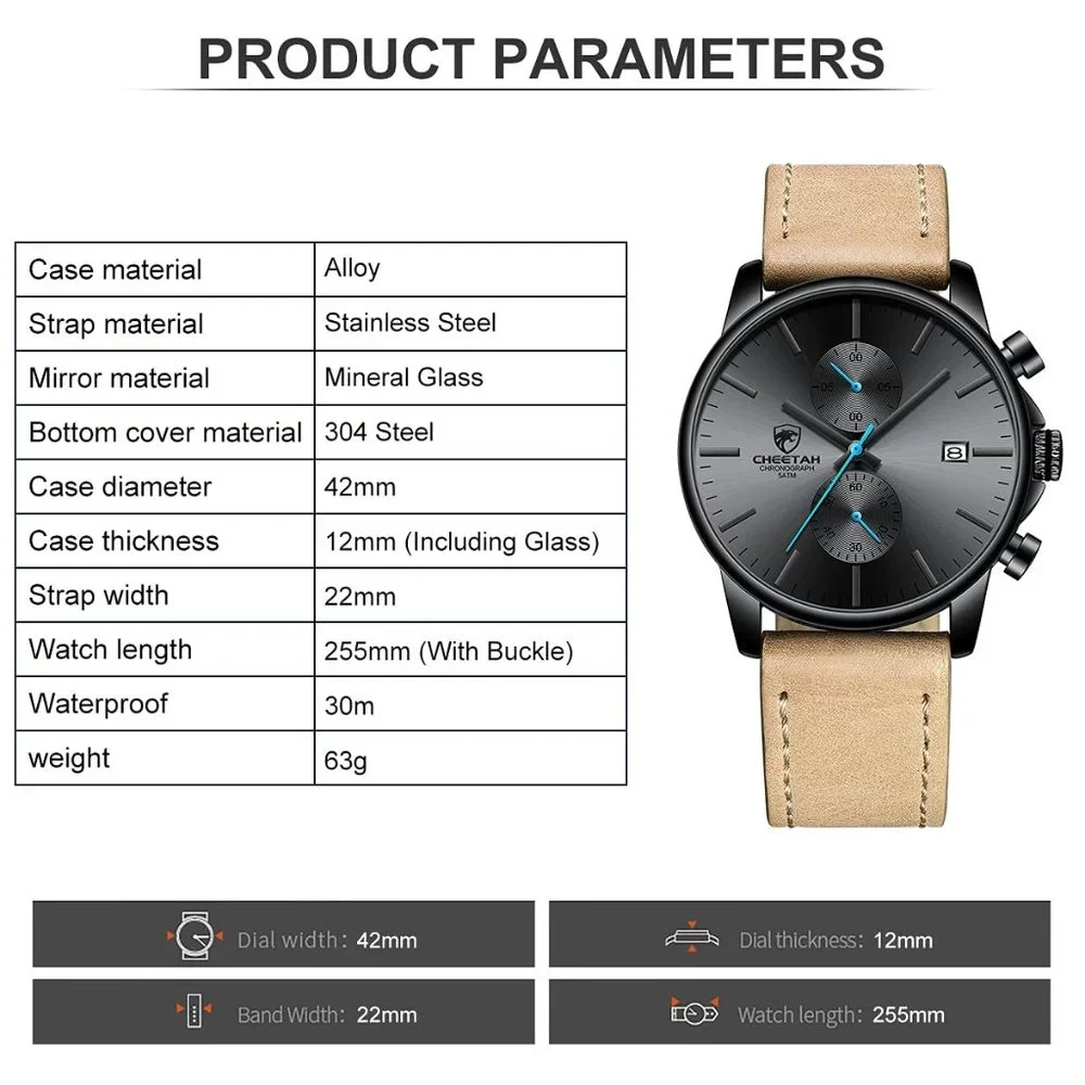 NEW Men's Watch CHEETAH Brand Fashion Sports Quartz Watch Waterproof Chronograph - Picture 5 of 6